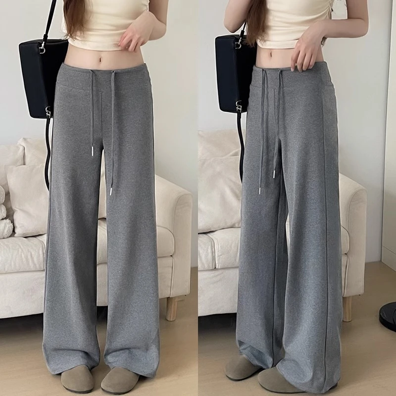 灰色直筒运动裤女夏季2025年新款高腰垂感小个子直筒休闲阔腿卫裤