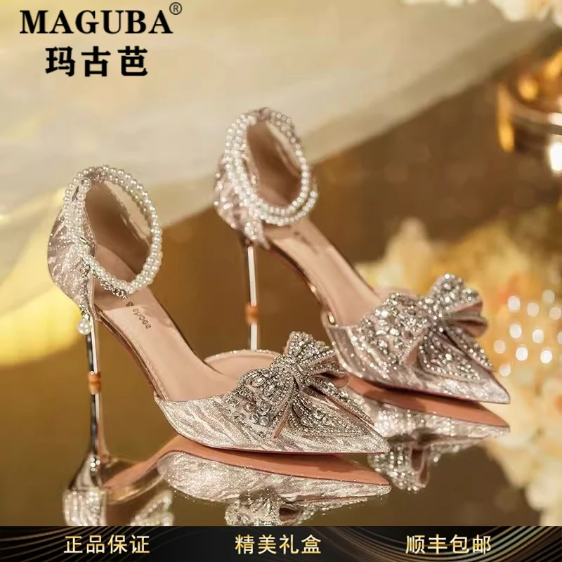 玛古芭女鞋高级感细高跟鞋水钻蝴蝶结宴会礼鞋优雅气质水晶单鞋