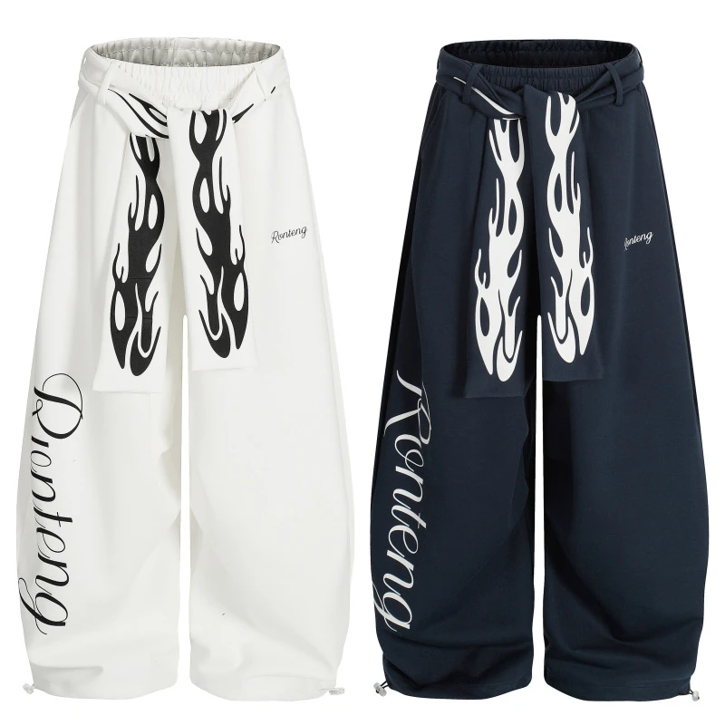 美式复古街头潮流宽松运动火焰印花绑带腰带休闲阔脚卫裤学院风秋