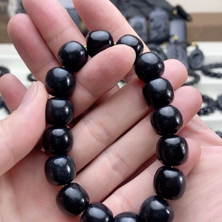 未镶嵌手链和田玉（墨玉）卡14老型手串带包容