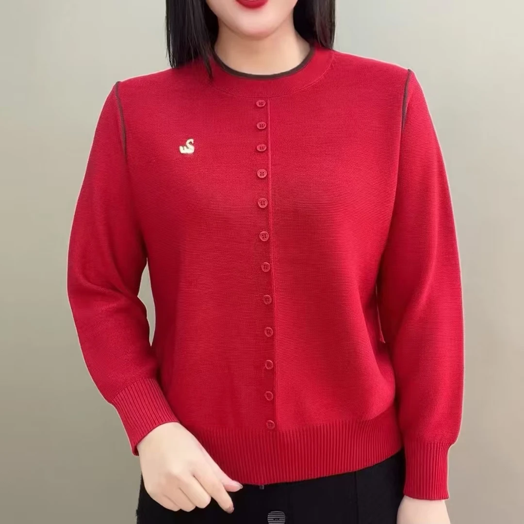 高端时尚洋气减龄百搭春冬装妈妈装高档简约小天鹅圆领针织衫毛衣