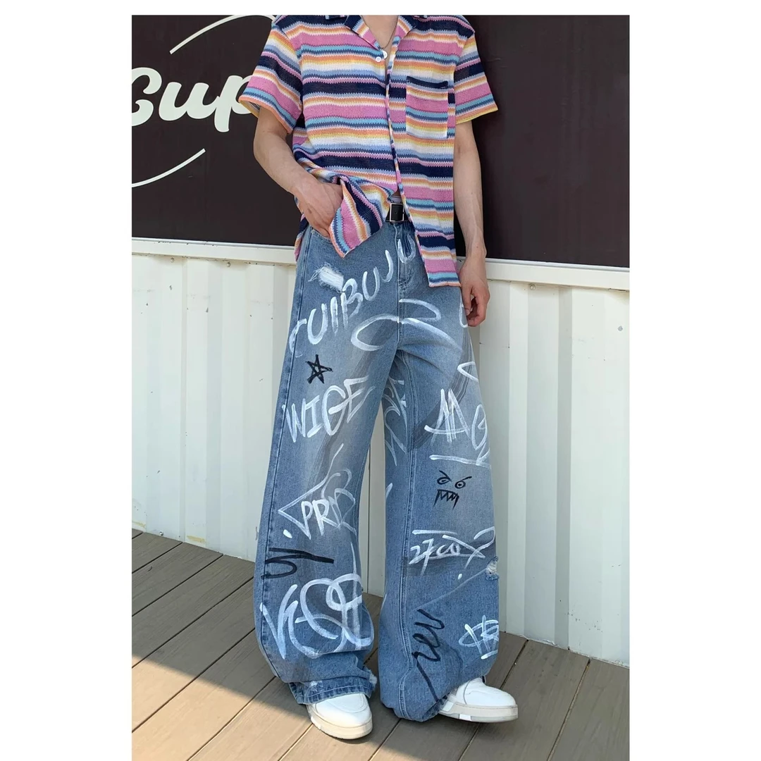 美式街头风个性手绘涂鸦趣味牛仔裤男女直筒宽松阔腿情侣长裤潮流