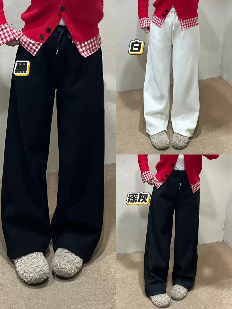 9906加绒显瘦ins直筒裤拼接休闲裤胖mm大码女裤秋冬高腰拖地裤潮