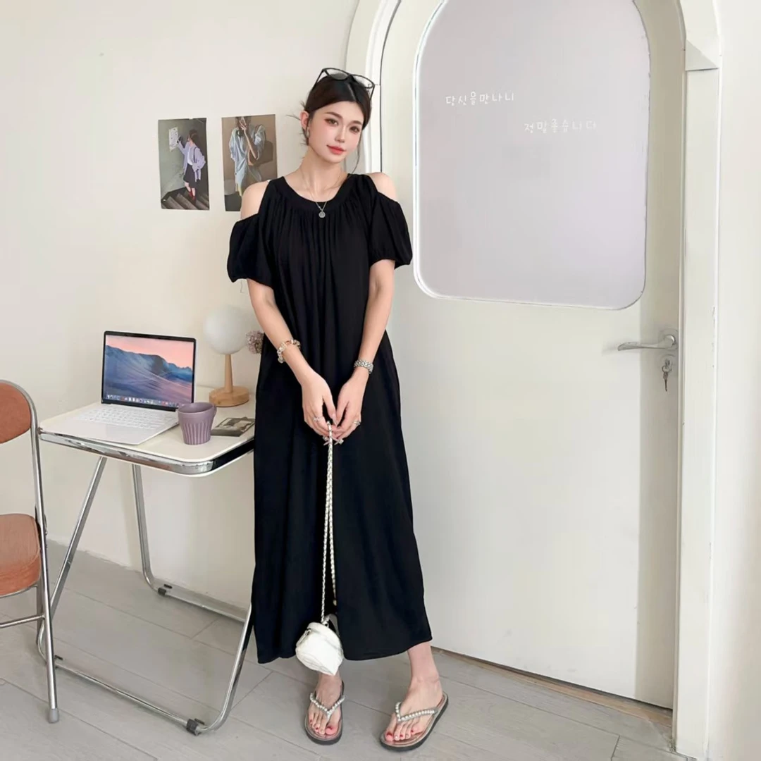 夏季新款法式黑色露肩宽松大码遮肚显瘦气质连衣裙女