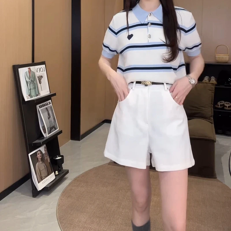 2025春夏新款撞色条纹针织衫上衣+休闲西装短裤两件套LK2503842