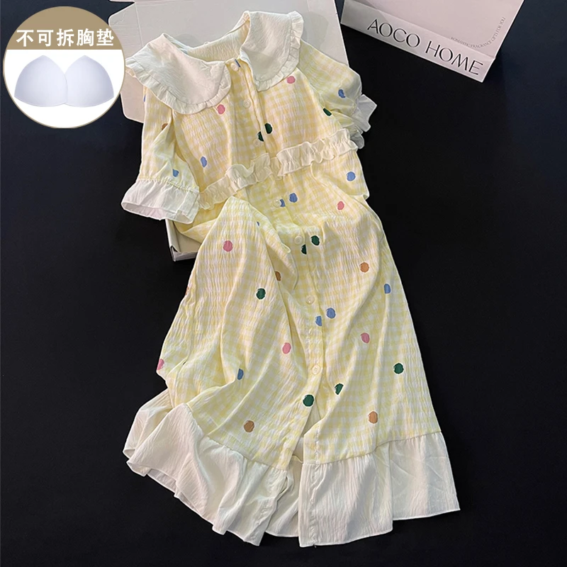 黄色波点睡裙女新款夏季休闲带胸垫短袖睡衣中长款宽松舒适家居服