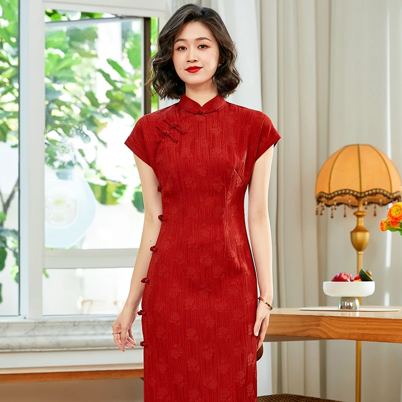 桔红色喜妈妈旗袍气质中式夏季2025年新款女复古中国风改良全开襟