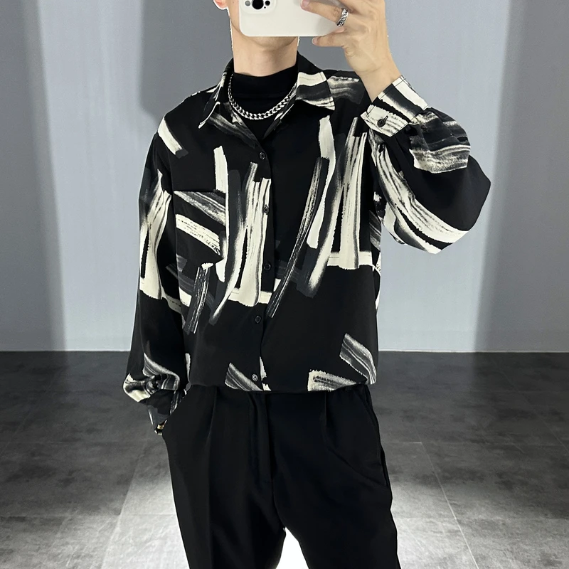 莱德的搭配 夏季薄款冰丝衬衫男条纹印花痞帅宽松雅痞轻熟风衬衣