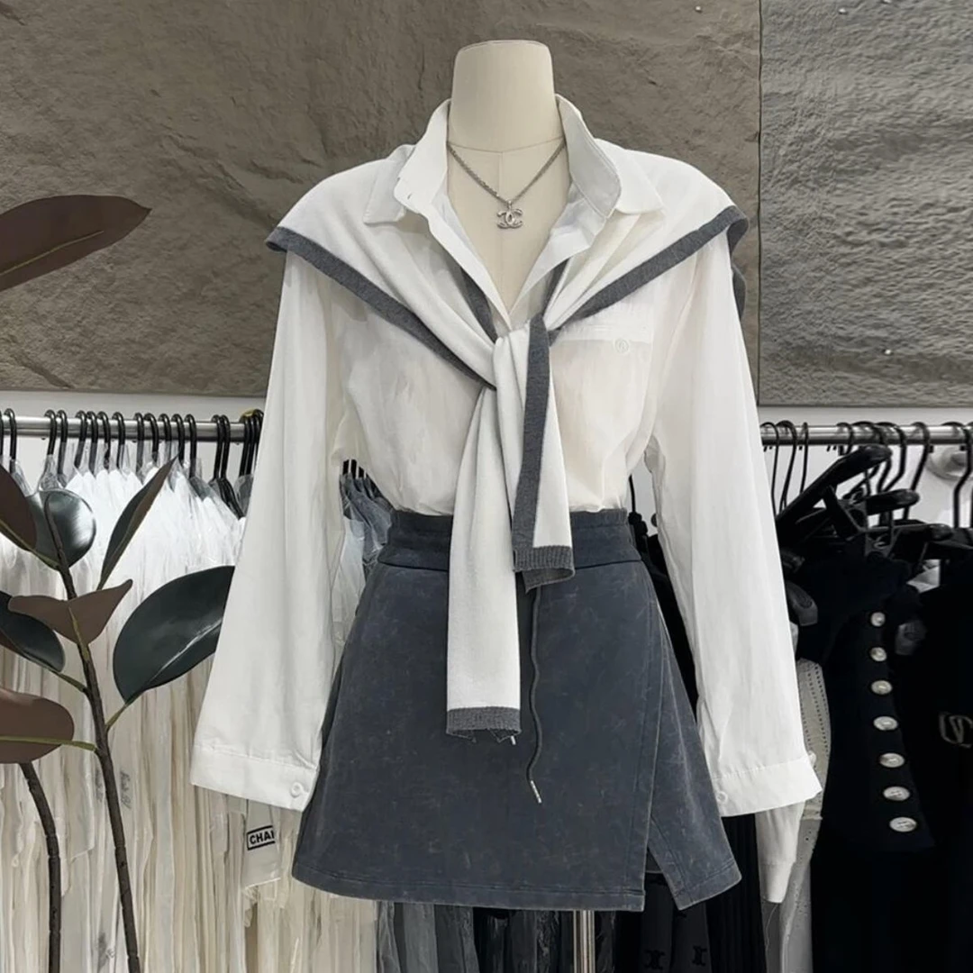 早春穿搭一整套2025新款韩版高级轻奢洋气披肩衬衫高腰短裙两件套