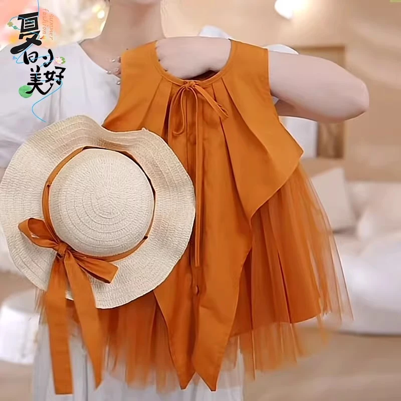 女童假两件棉布连衣裙2025夏款小女孩公主裙纱裙蝴蝶结无袖背心裙