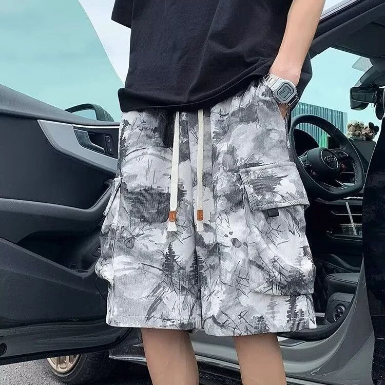 美式潮牌扎染裤子男士春秋款大口袋工装生宽松五分裤长裤夏季