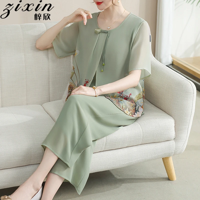 新中式妈妈夏装套装雪纺小衫2025新款洋气中老年女装夏季短袖上衣