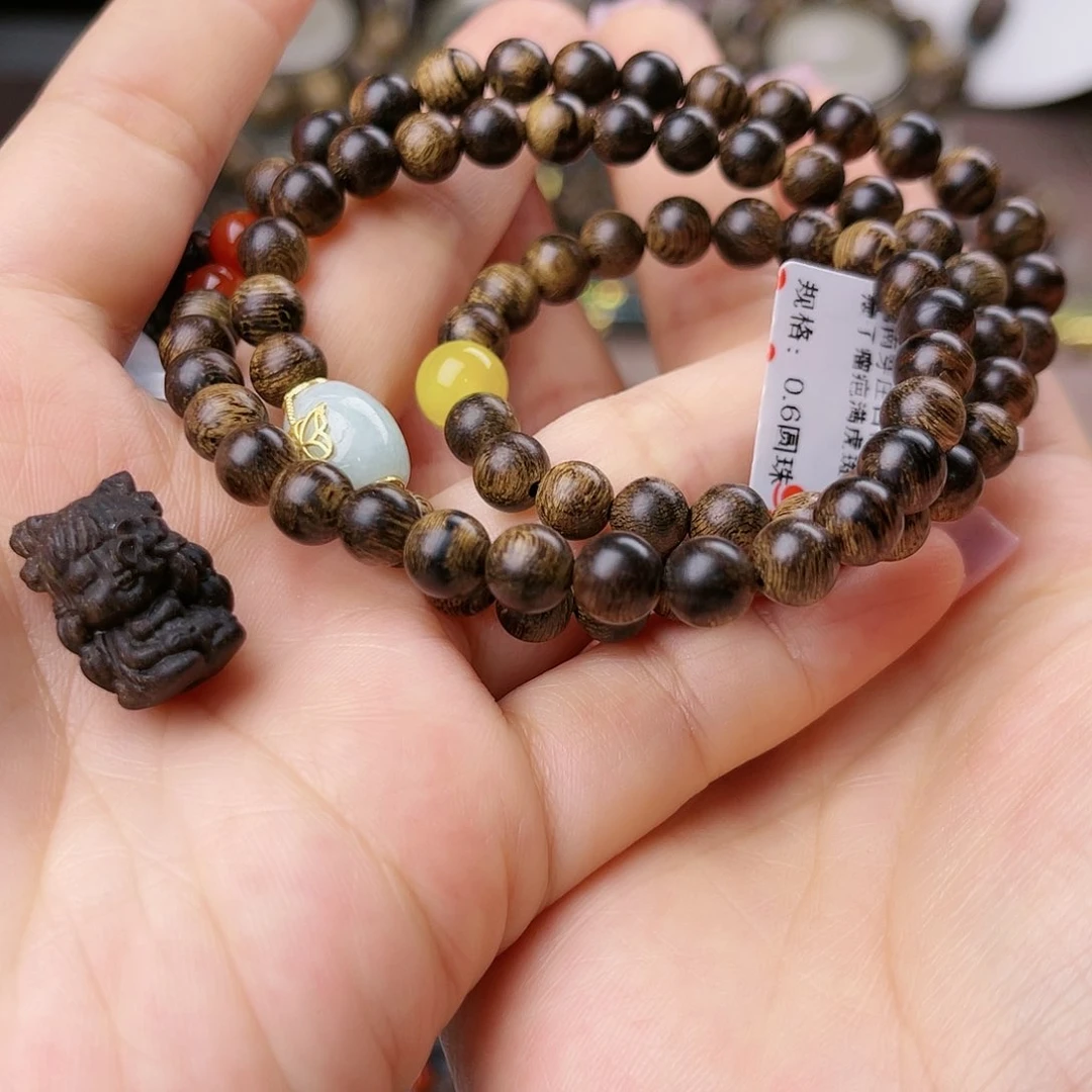 沉香手串闲***！越南芽庄白棋玉化满樱子瘤疤虎斑纹定制款