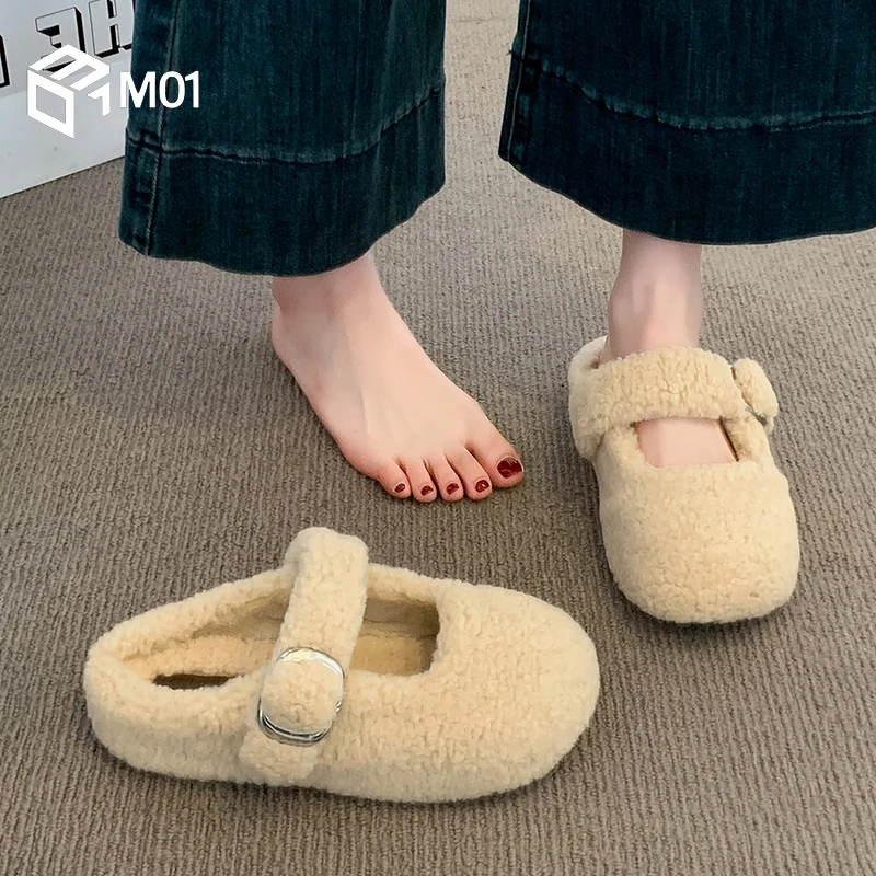 M01厚底勃肯毛毛包头半拖鞋女外穿秋冬新款加绒雪地靴保暖棉拖鞋