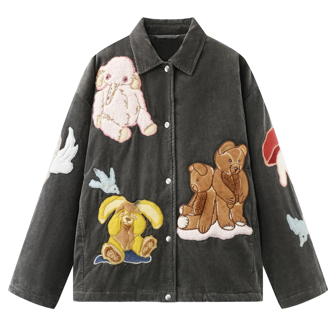 【G5255】奇幻精灵25冬季新款立体贴布刺绣宽松棉服上衣外套女