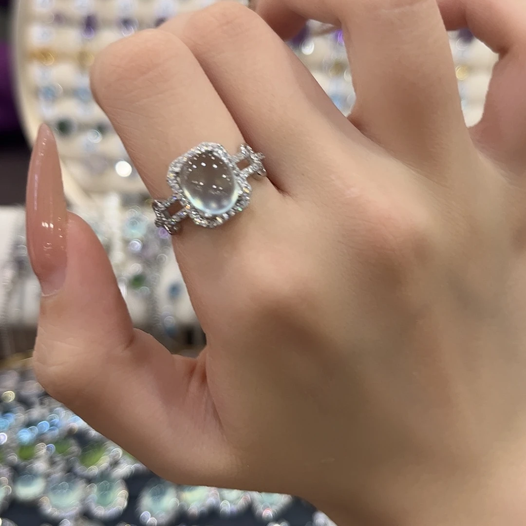 晨***子蛇纹石玉银S925镶嵌女款戒指