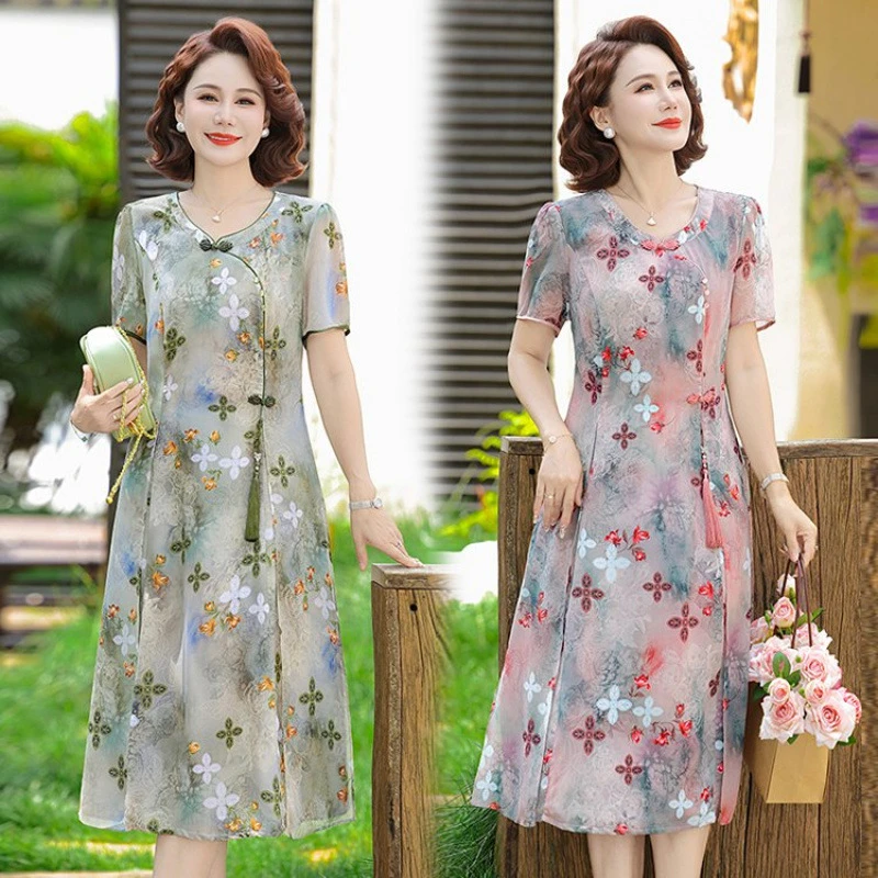 中年气质国风设计感优雅连衣裙女时尚洋气减龄中长款宽松显瘦裙子
