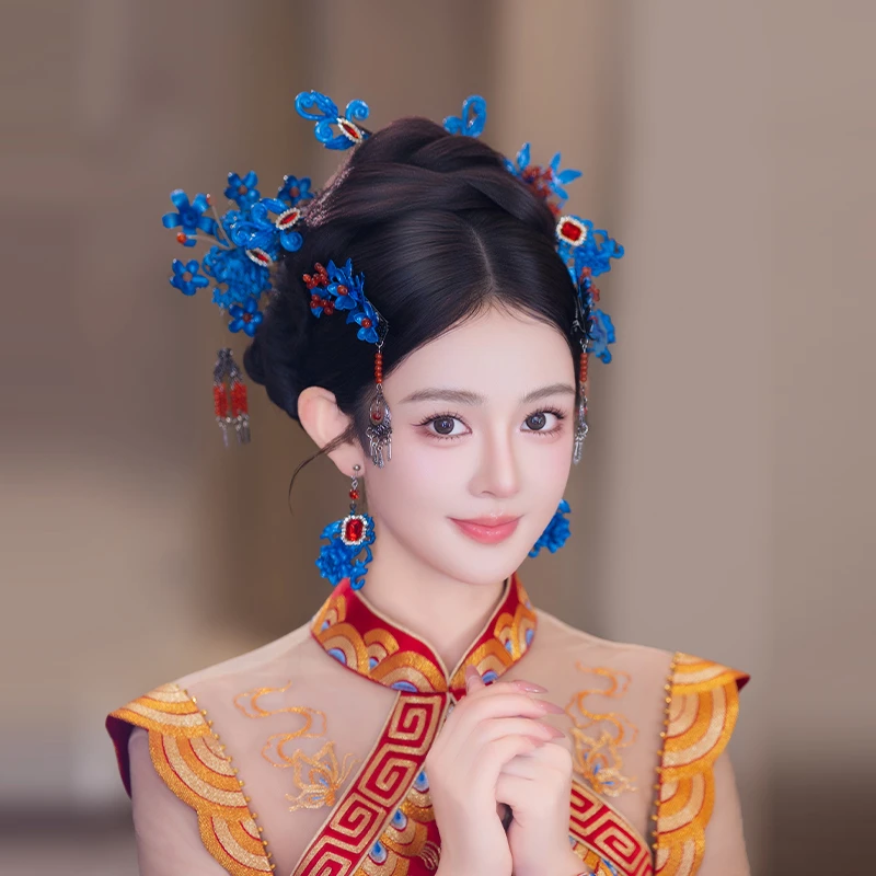 合金树脂婚庆饰品 新款新娘头饰中式秀禾旗袍景泰蓝发簪配饰G0279