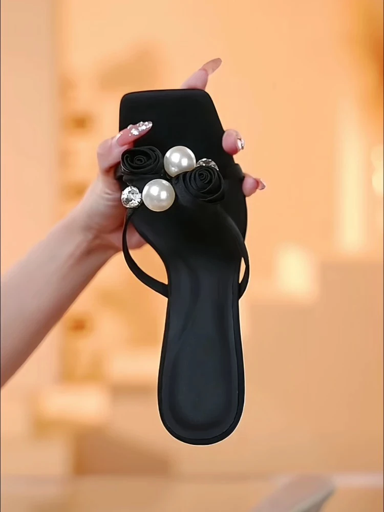 【跟高5cm/7cm】2025年新款花朵方头粗跟时尚凉鞋外穿凉拖鞋高跟鞋