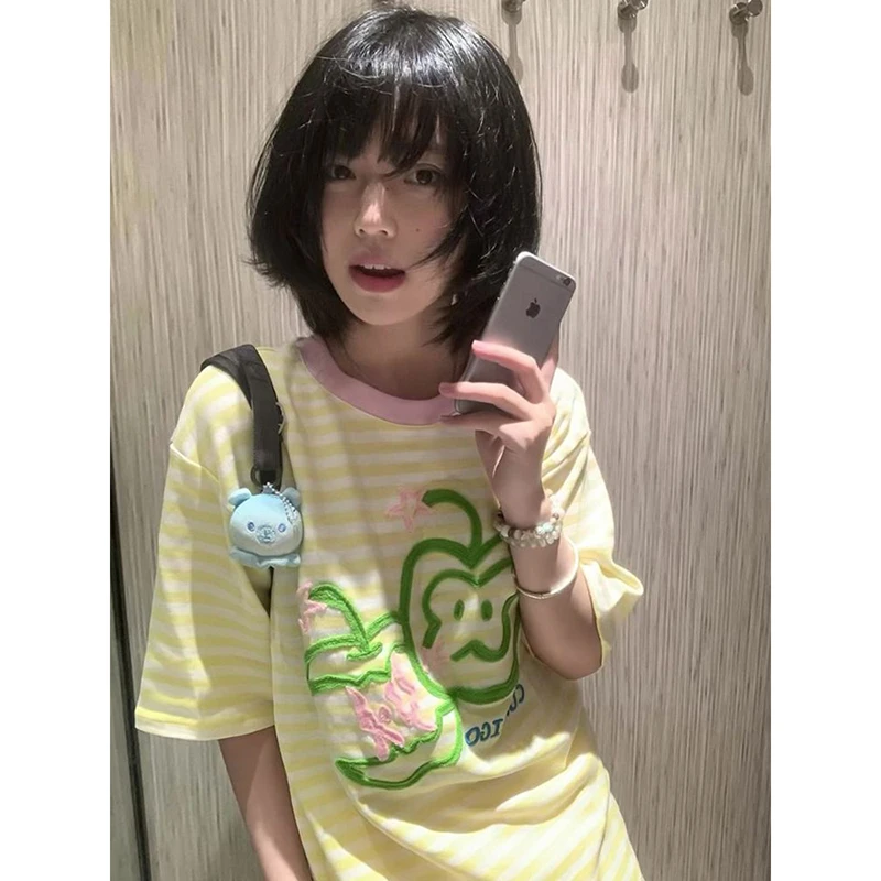 刺绣纯棉t恤女夏季新款甜美少女风撞色条纹设计感百搭短袖上衣T恤
