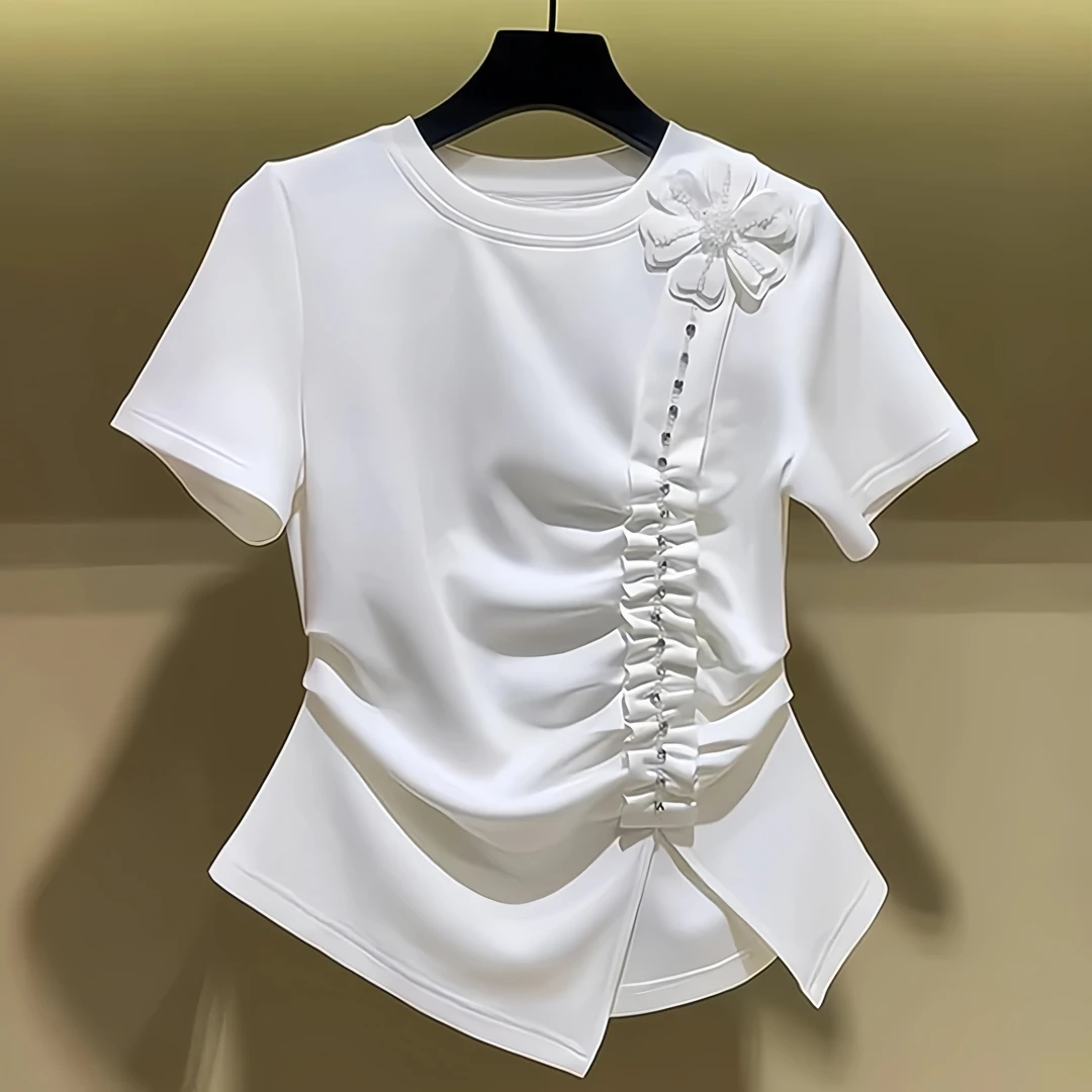 短袖T恤女2025夏季新款铆钉立体花朵设计感捏褶修身气质显瘦上衣