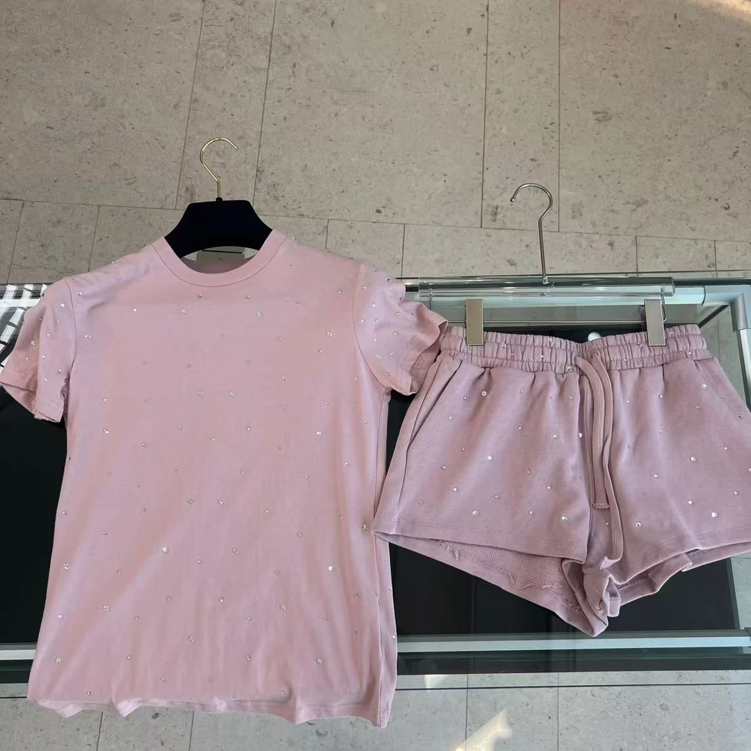 【绘梦织】少女纯欲风纯色镶钻休闲套装（上衣+短裤）9092