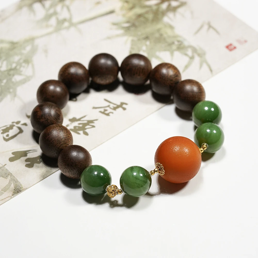 沉香18K文莱沉水沉香橘皮顶珠单圈手串12MM+圆珠Q5