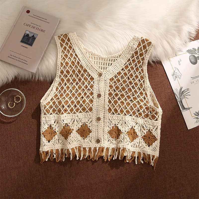民族风镂空钩花马甲背心女夏季外穿性感时髦洋气针织流苏无袖上衣