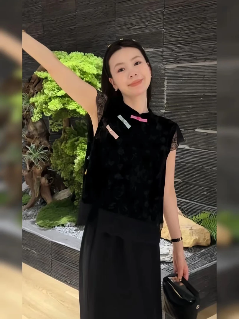 新中式国风黑色蕾丝短袖盘扣减龄上衣女夏时尚洋气时髦轻奢高级感