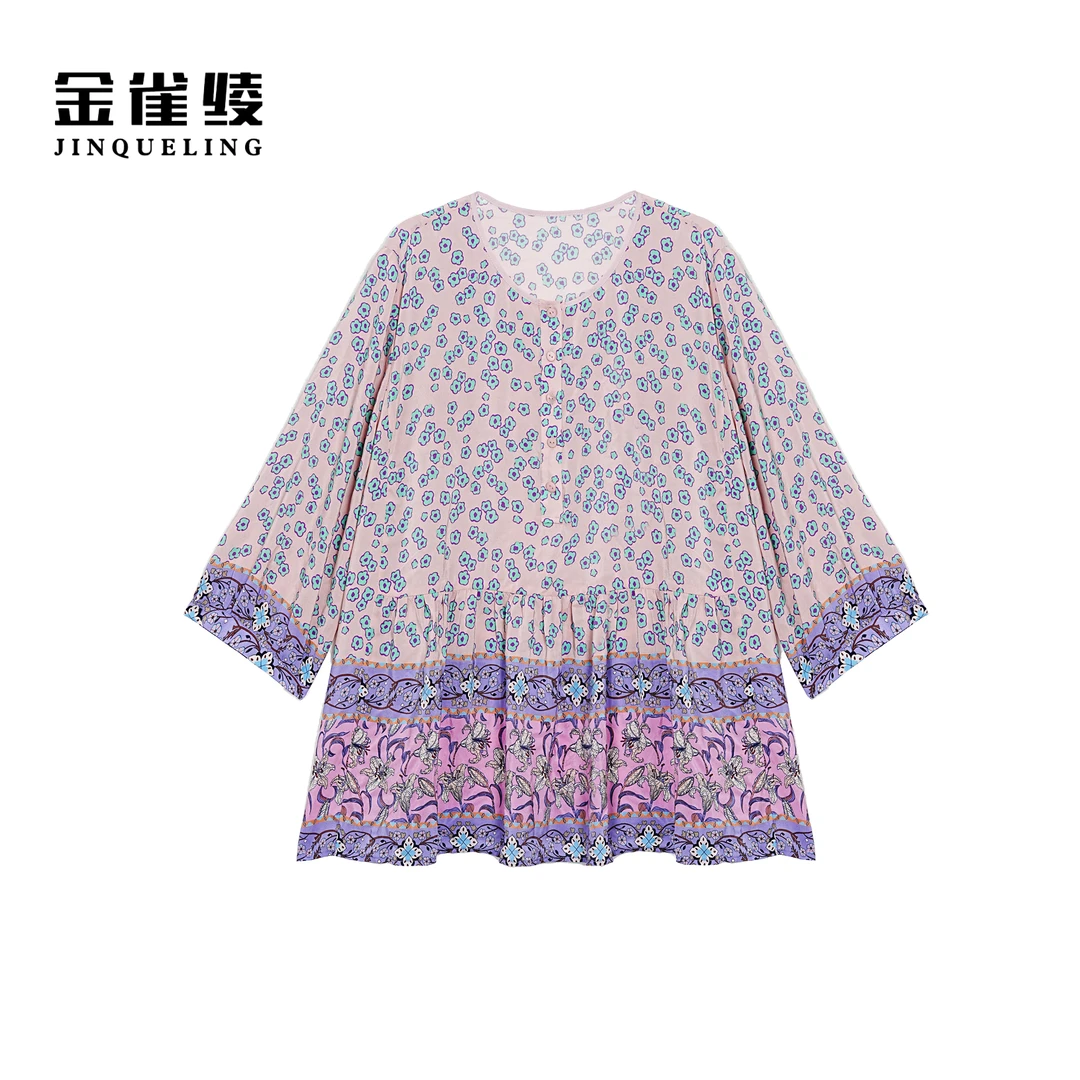 金雀绫【满庭芳】100桑蚕丝圆领碎花气质大码女装衬衫SZA1S156