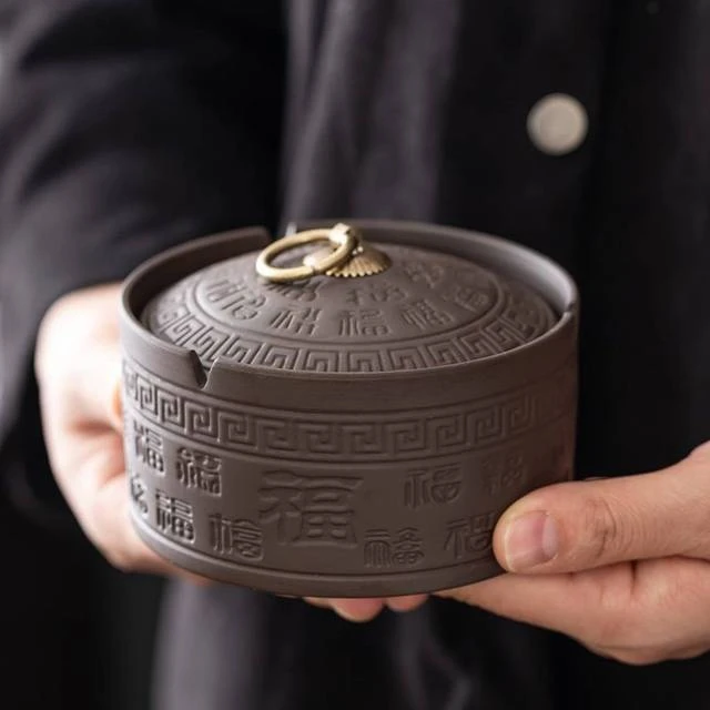 紫砂烟灰缸带盖中号防飞灰客厅办公灭烟复古陶瓷家居饰品新中式灰