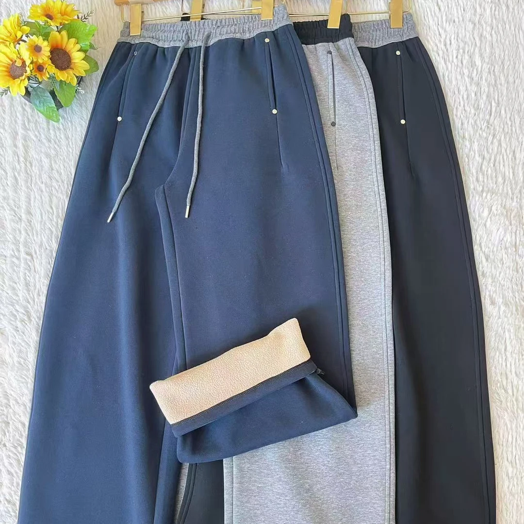“Daying”8507加绒撞色拼接腰头窄版阔腿两穿卫裤