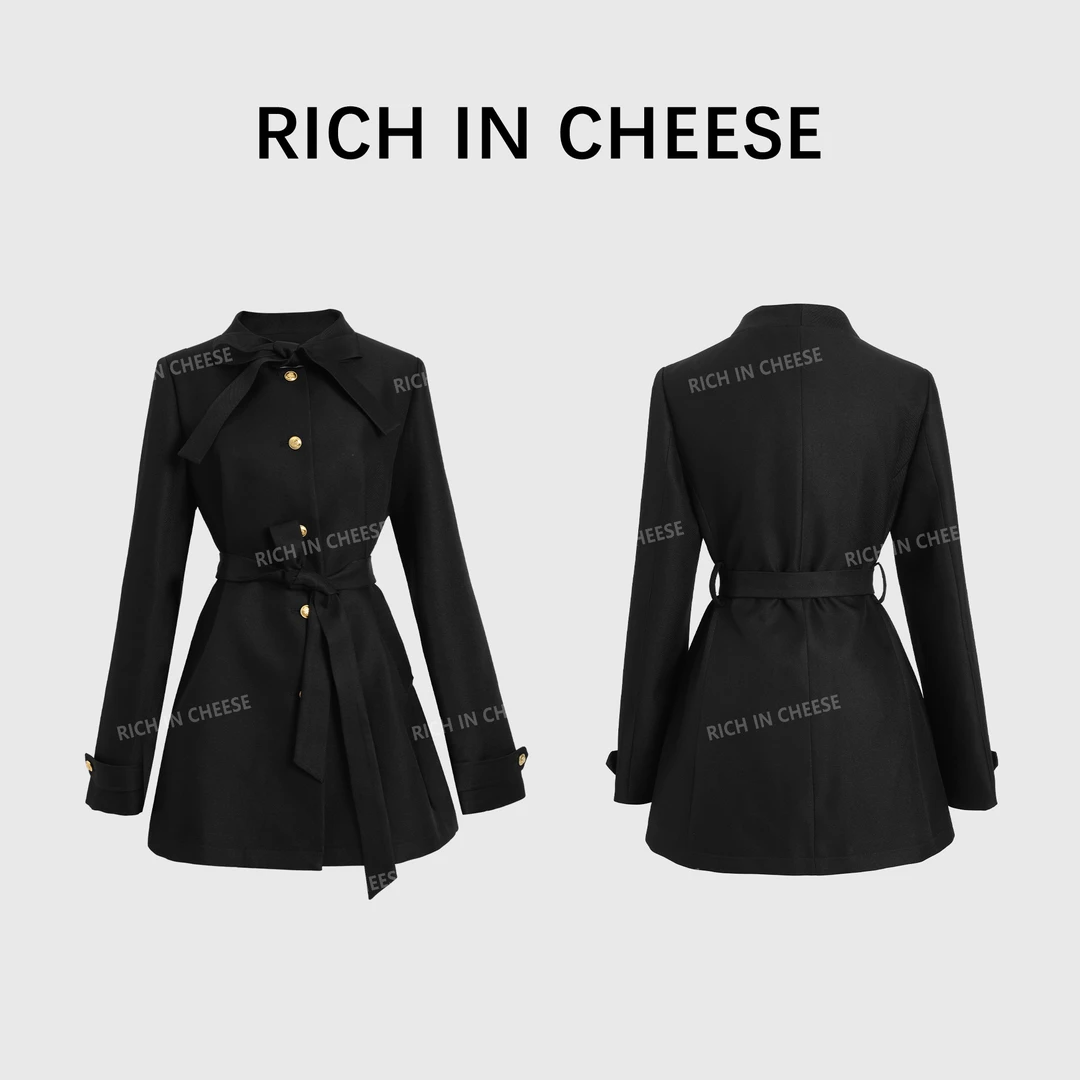【现货】RICHINCHEESE 南坪晚风 千金风简约系带黑色显瘦风衣外套