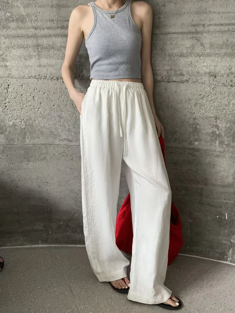 高品质夏季高腰垂感薄款亚麻阔腿休闲长裤