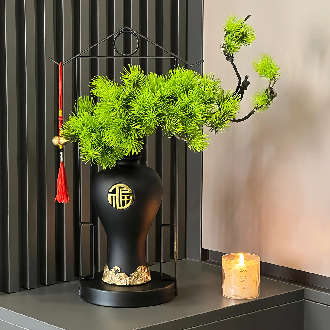 新中式招财纳福陶瓷细长高花瓶入户玄关摆件客厅迎客松装饰高级感