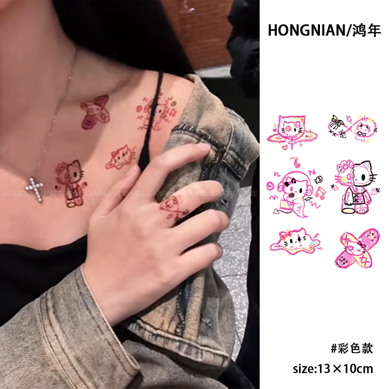 粉色HelloKitty涂鸦纹身贴防水持久个性小众手臂锁骨逼真彩色贴纸