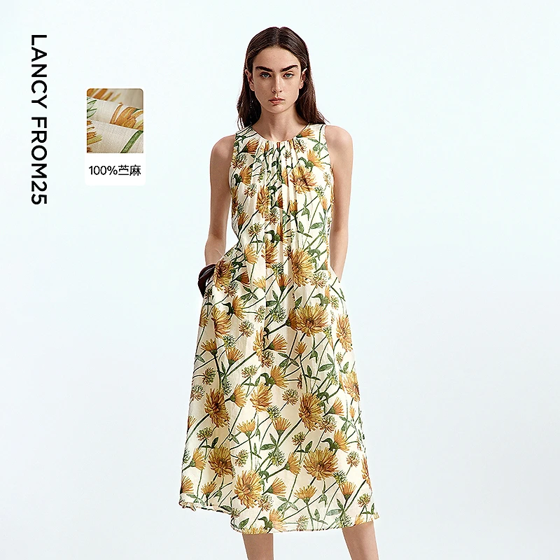 朗姿气质通勤高级感设计感2025年夏季新款绿色圆领印花无袖连衣裙