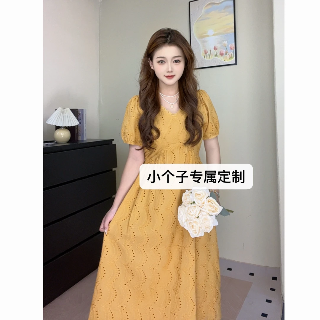 小个子专属定制法式黄色镂空连衣裙v领蕾丝花边气质重工提花长裙