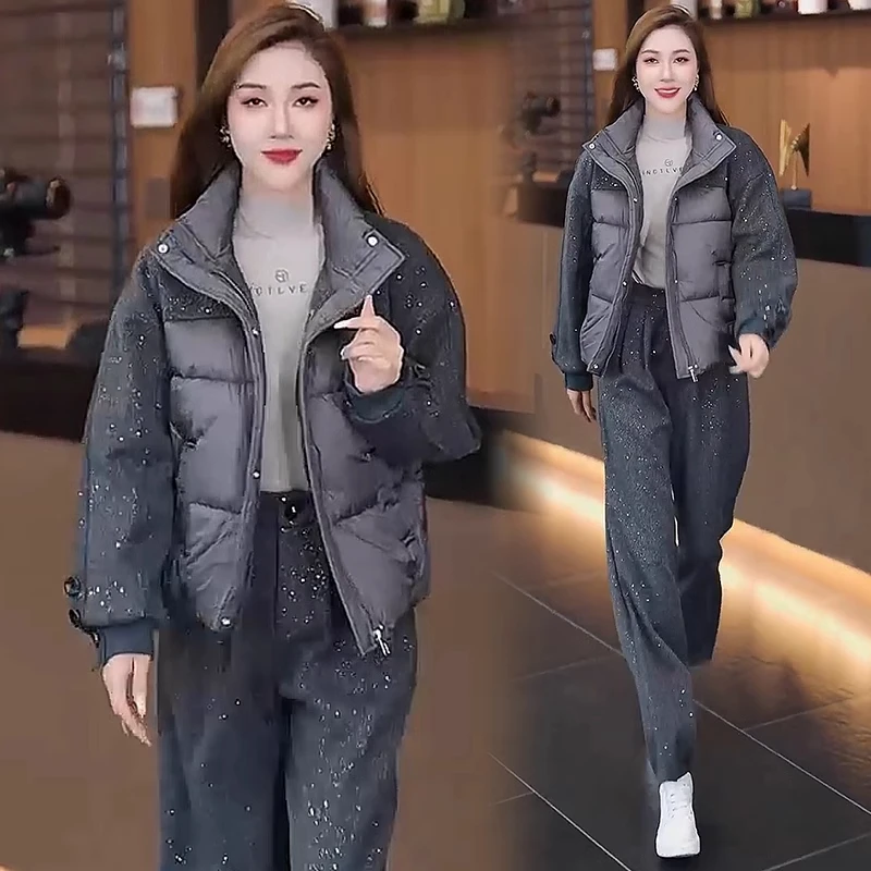 时尚休闲套装女2024冬季新款面包服洋气小个子毛呢拼接棉服外套潮