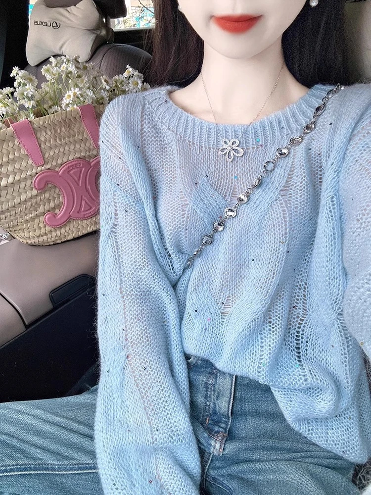 美拉蓝镂空长袖毛衣针织女2025新款开春季冷淡系高级感上衣