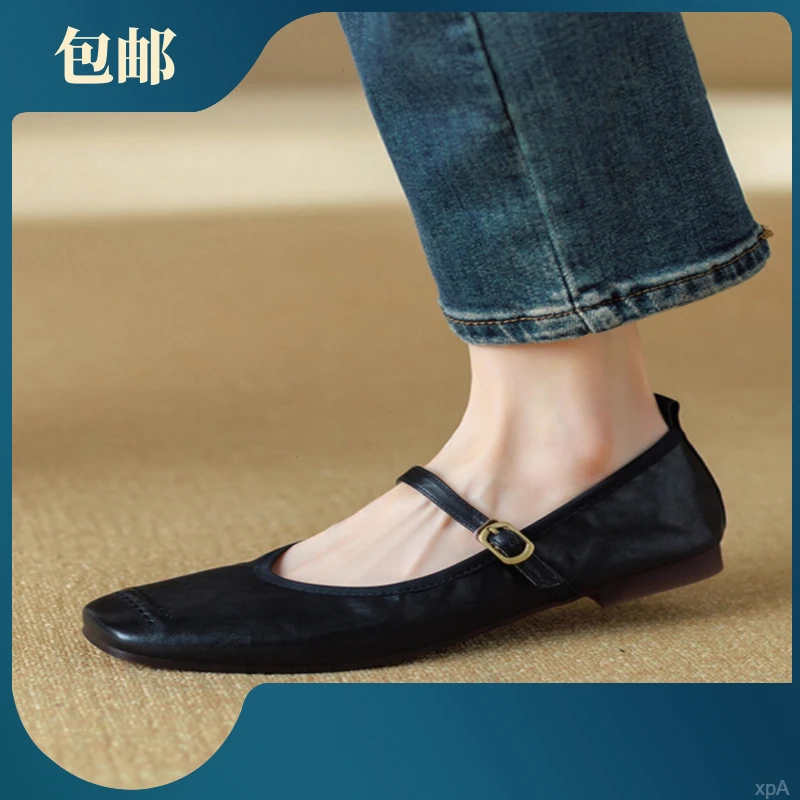 超软羊皮黑色平底单鞋2025春秋新款法式复古软底一字扣玛丽珍鞋女