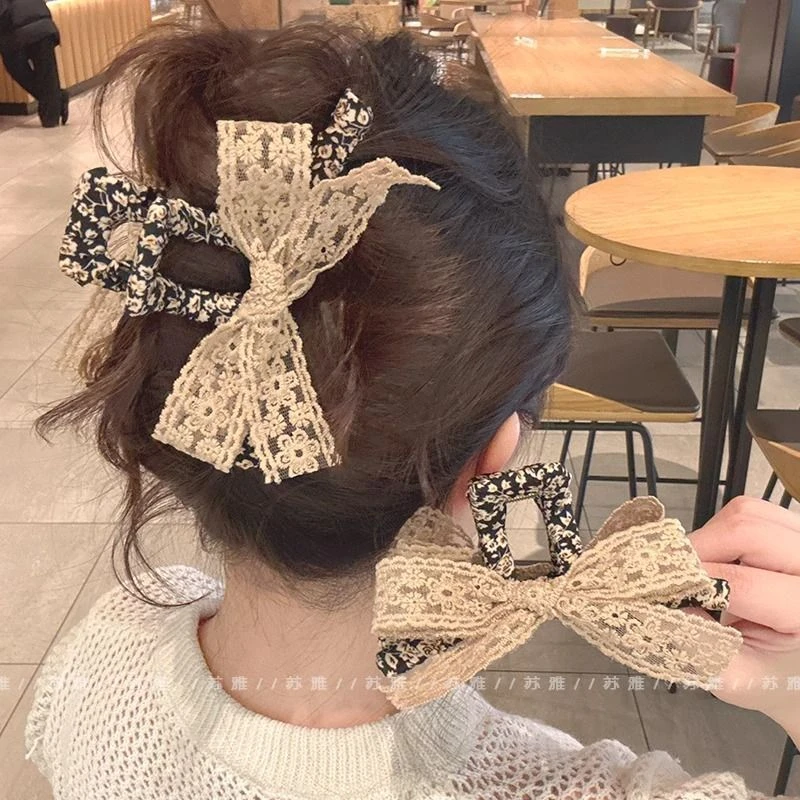 气质蕾丝蝴蝶结碎花抓夹女2025新款韩国高级感后脑勺盘发鲨鱼夹