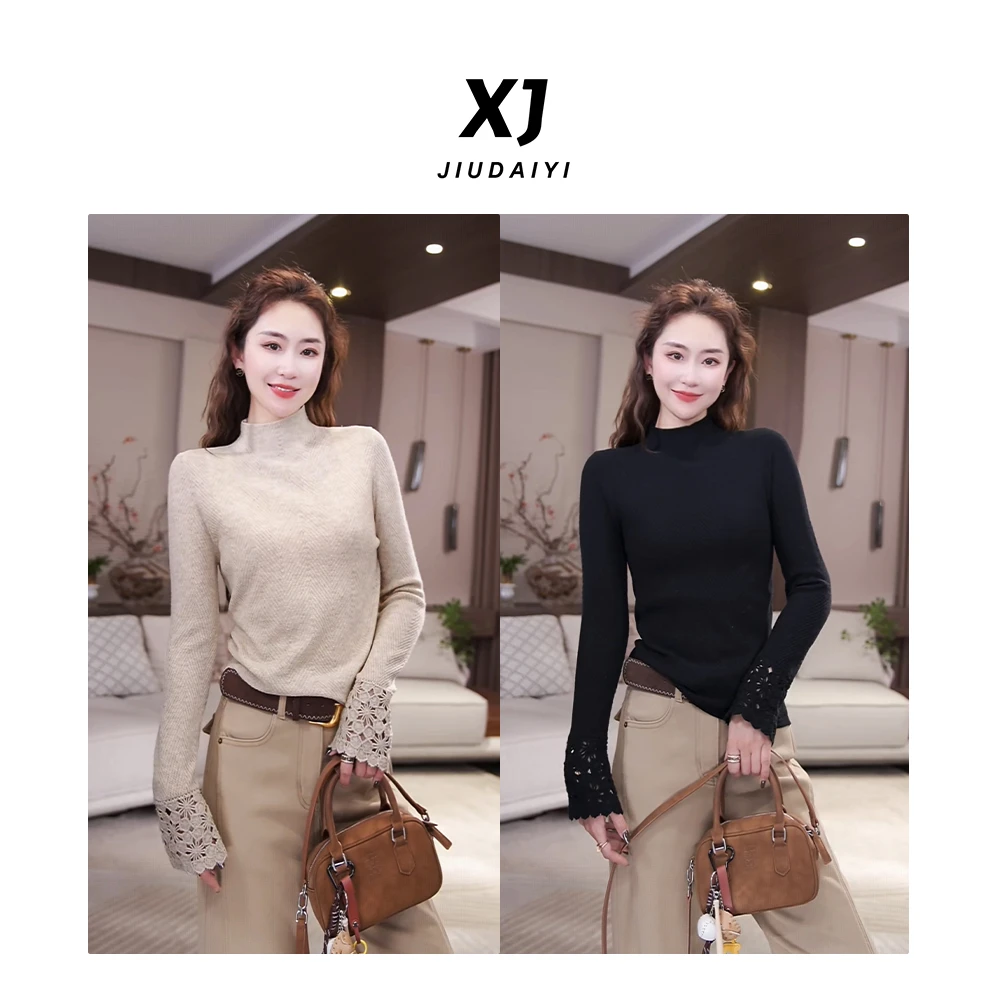 玖黛衣【繁花】冬季新款半高领钩花袖宽松蕾丝针织羊毛衫 XSJ48078