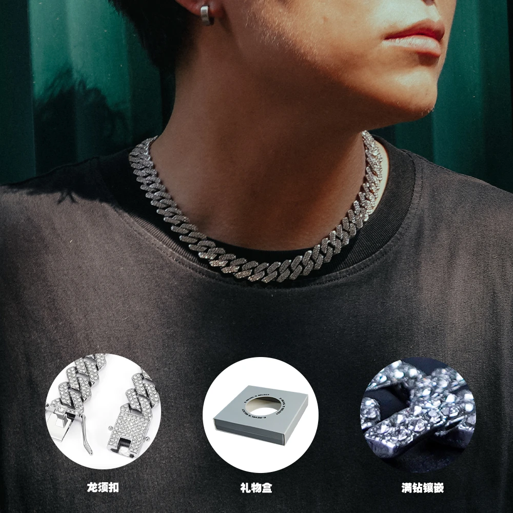 合金锆石项链 满钻古巴链 ERS不锈钢不掉色粗链王嘉尔欧美男士潮
