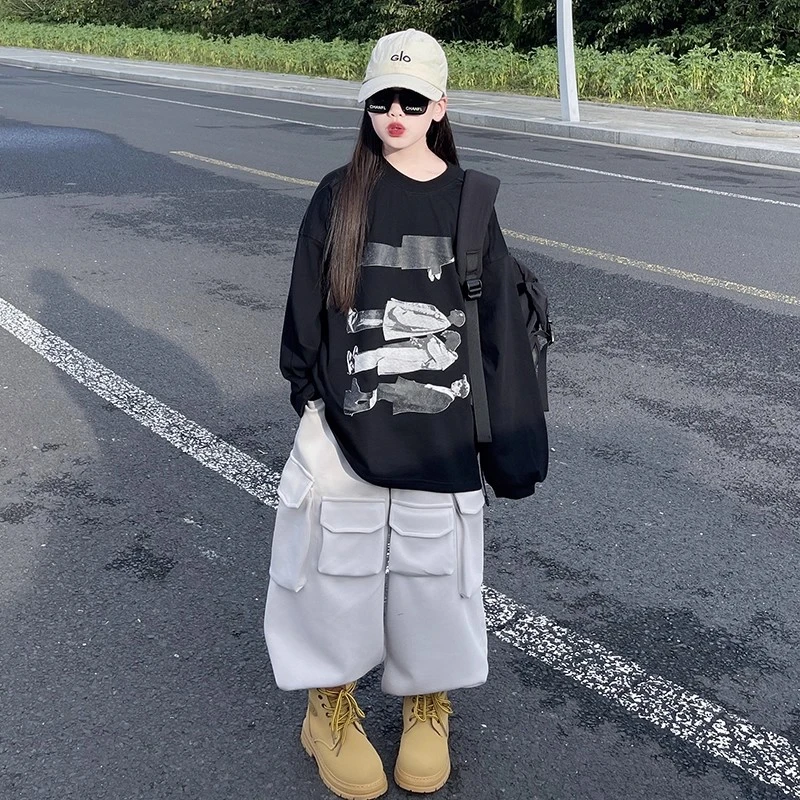 女童裤子春秋2025新款儿童秋季时髦多口袋工装裤大童宽松阔腿裤潮