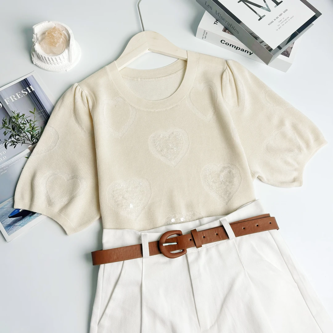 新新定制-圆领纯色亮片款微透常规厚度针织短袖136321