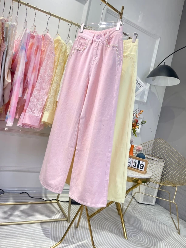 贝壳重工设计感牛仔裤2025春夏新款带腰带烫珍珠直筒休闲牛仔裤