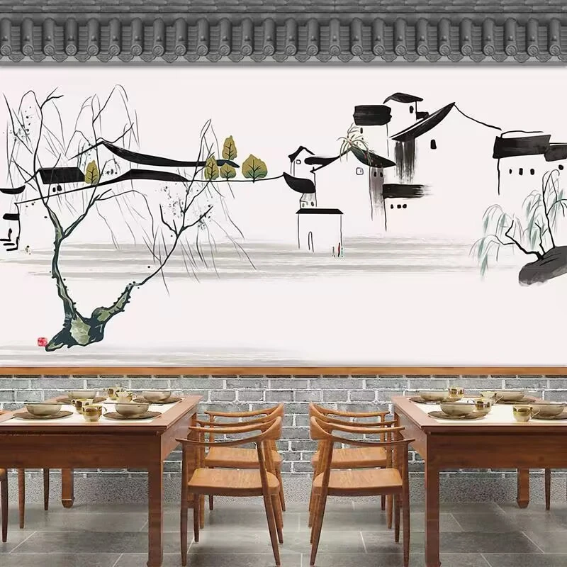现代中式风景水墨画餐馆火锅烧烤饭店背景墙壁布江南水乡定制壁画