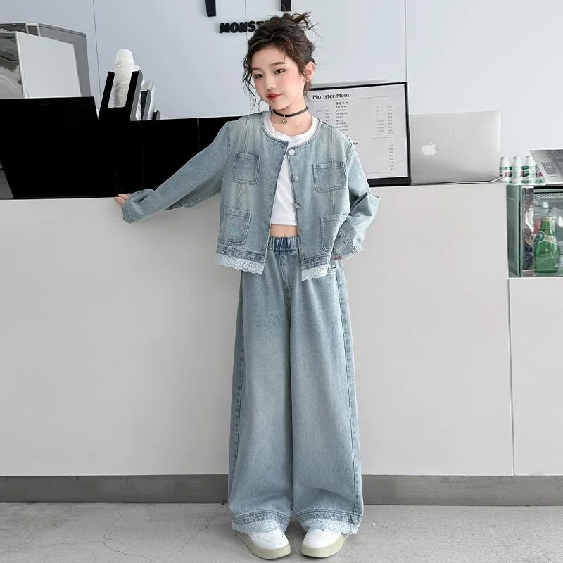 女大童牛仔套装秋季2025新款儿童洋气时髦春秋时尚女童阔腿裤秋装