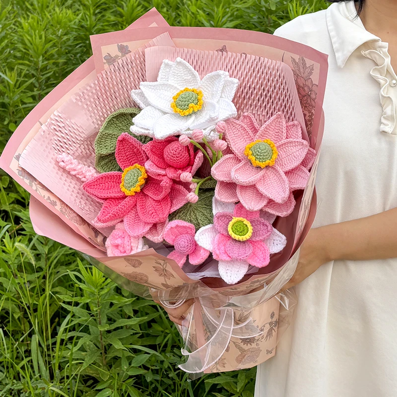 【荷荷美美好运连连】轻奢手工成品荷花主题非遗毛线花束送领导长辈